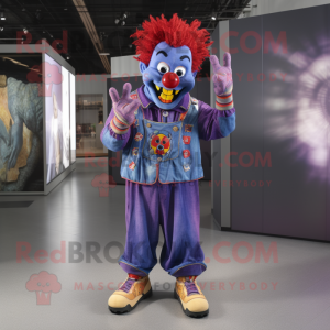 Purple Evil Clown mascot costume character dressed with a Denim Shorts and Bracelets