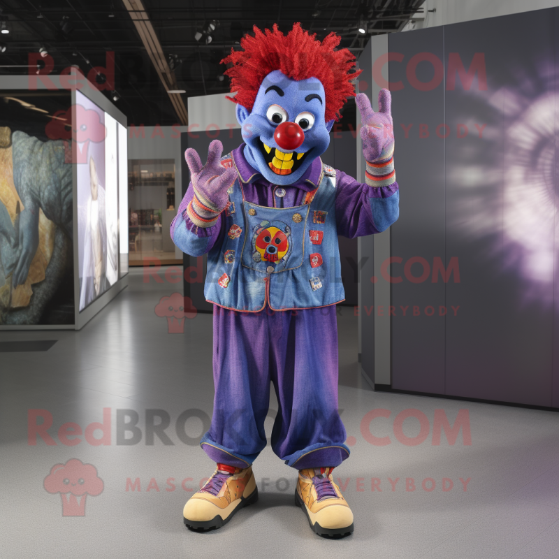 Purple Evil Clown mascot costume character dressed with a Denim Shorts and Bracelets Purple Evil Clown mascot costume character dressed with a Denim Shorts and Bracelets