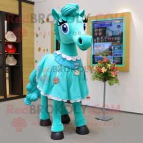 Turquoise Horse mascot costume character dressed with a Dress and Brooches