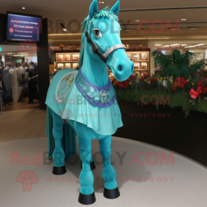 Turquoise Horse mascot costume character dressed with a Dress and Brooches