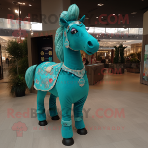 Turquoise Horse mascot costume character dressed with a Dress and Brooches