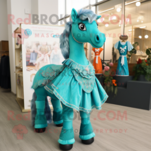 Turquoise Horse mascot costume character dressed with a Dress and Brooches