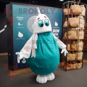 Teal Grenade mascot costume character dressed with a Wedding Dress and Tote bags