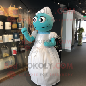 Teal Grenade mascot costume character dressed with a Wedding Dress and Tote bags