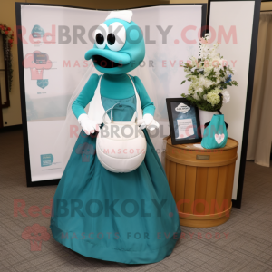 Teal Grenade mascot costume character dressed with a Wedding Dress and Tote bags