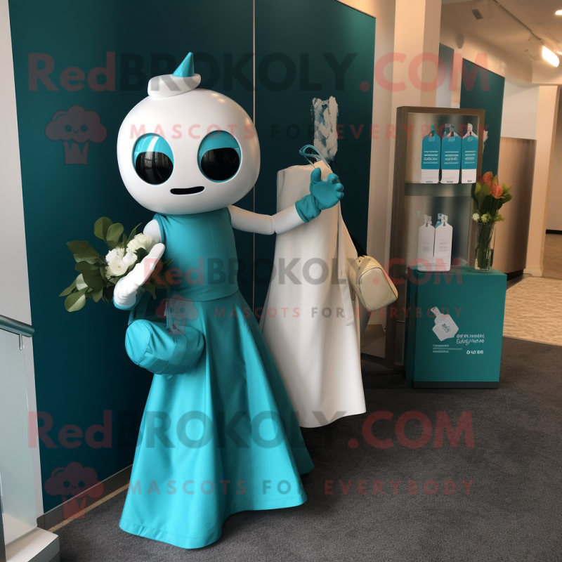 Teal Grenade mascot costume character dressed with a Wedding Dress and Tote bags