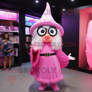 Pink Wizard mascot costume character dressed with a Mini Dress and Eyeglasses