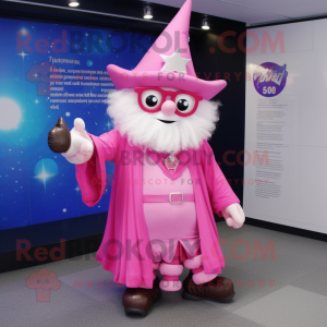 Pink Wizard mascot costume character dressed with a Mini Dress and Eyeglasses