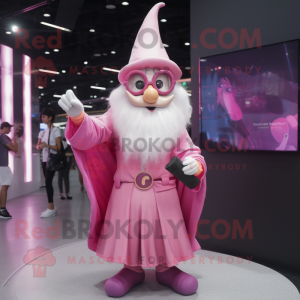 Pink Wizard mascot costume character dressed with a Mini Dress and Eyeglasses