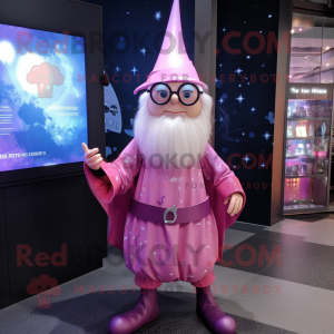 Pink Wizard mascot costume character dressed with a Mini Dress and Eyeglasses