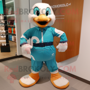 Turquoise Geese mascot costume character dressed with a Board Shorts and Smartwatches