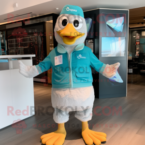 Turquoise Geese mascot costume character dressed with a Board Shorts and Smartwatches