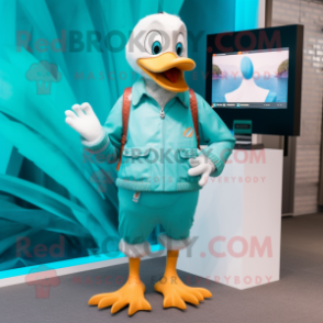 Turquoise Geese mascot costume character dressed with a Board Shorts and Smartwatches