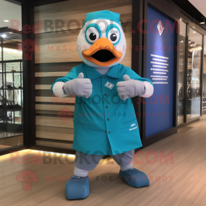 Turquoise Geese mascot costume character dressed with a Board Shorts and Smartwatches