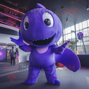 Purple Whale mascot costume character dressed with a Jumpsuit and Rings