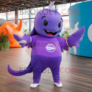 Purple Whale mascot costume character dressed with a Jumpsuit and Rings