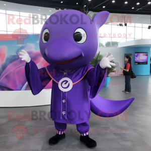 Purple Whale mascot costume character dressed with a Jumpsuit and Rings