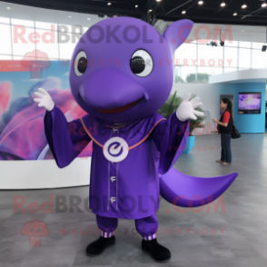 Purple Whale mascot costume character dressed with a Jumpsuit and Rings