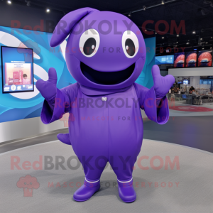 Purple Whale mascot costume character dressed with a Jumpsuit and Rings