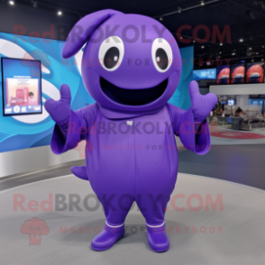 Purple Whale mascot costume character dressed with a Jumpsuit and Rings