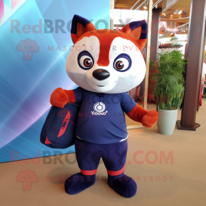 Navy Red Panda mascot costume character dressed with a Yoga Pants and Tote bags