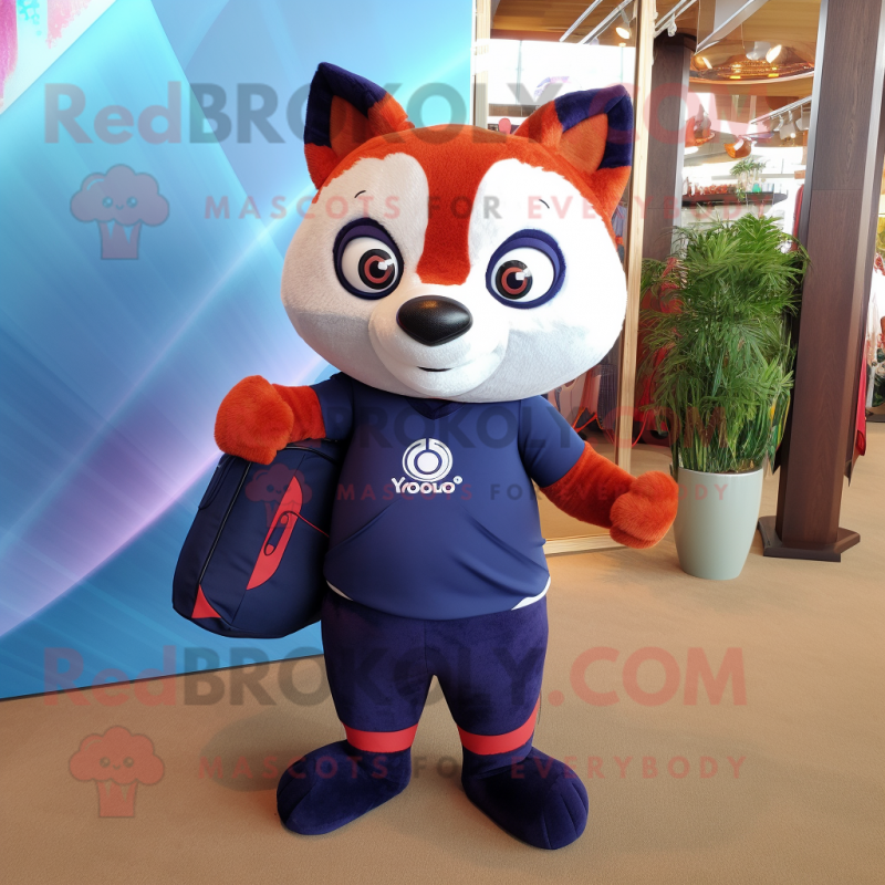 Navy Red Panda mascot costume character dressed with a Yoga Pants and Tote bags Navy Red Panda mascot costume character dressed with a Yoga Pants and Tote bags