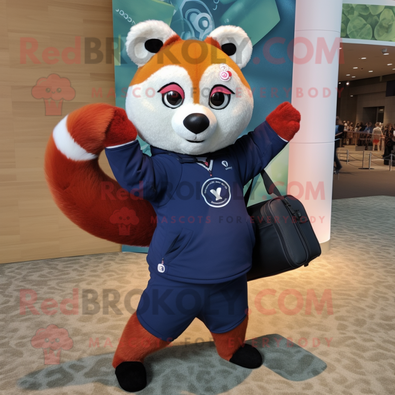 Navy Red Panda mascot costume character dressed with a Yoga Pants and Tote bags