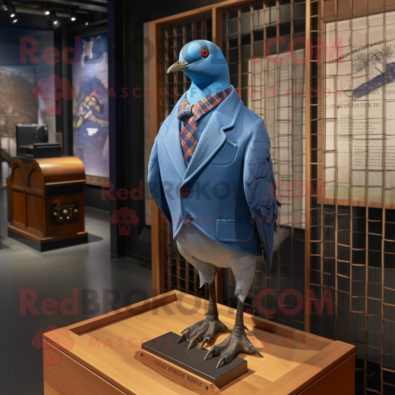 Blue Passenger Pigeon mascot costume character dressed with a Graphic Tee and Tie pins