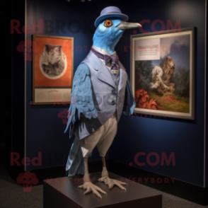 Blue Passenger Pigeon mascot costume character dressed with a Graphic Tee and Tie pins