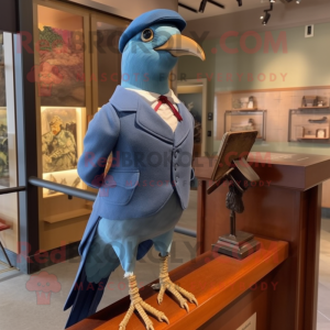 Blue Passenger Pigeon mascot costume character dressed with a Graphic Tee and Tie pins