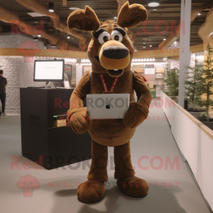 Brown Moose mascot costume character dressed with a Skinny Jeans and Eyeglasses