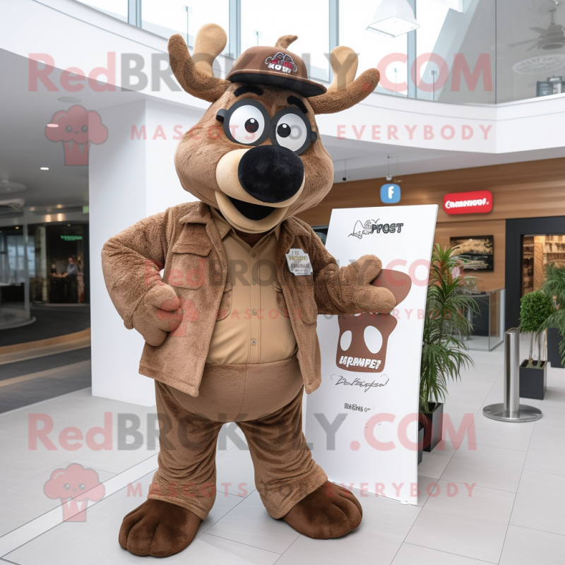 Brown Moose mascot costume character dressed with a Skinny Jeans and Eyeglasses Brown Moose mascot costume character dressed with a Skinny Jeans and Eyeglasses