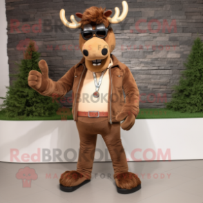 Brown Moose mascot costume character dressed with a Skinny Jeans and Eyeglasses