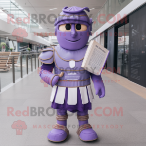 Lavender Roman Soldier mascot costume character dressed with a Romper and Reading glasses
