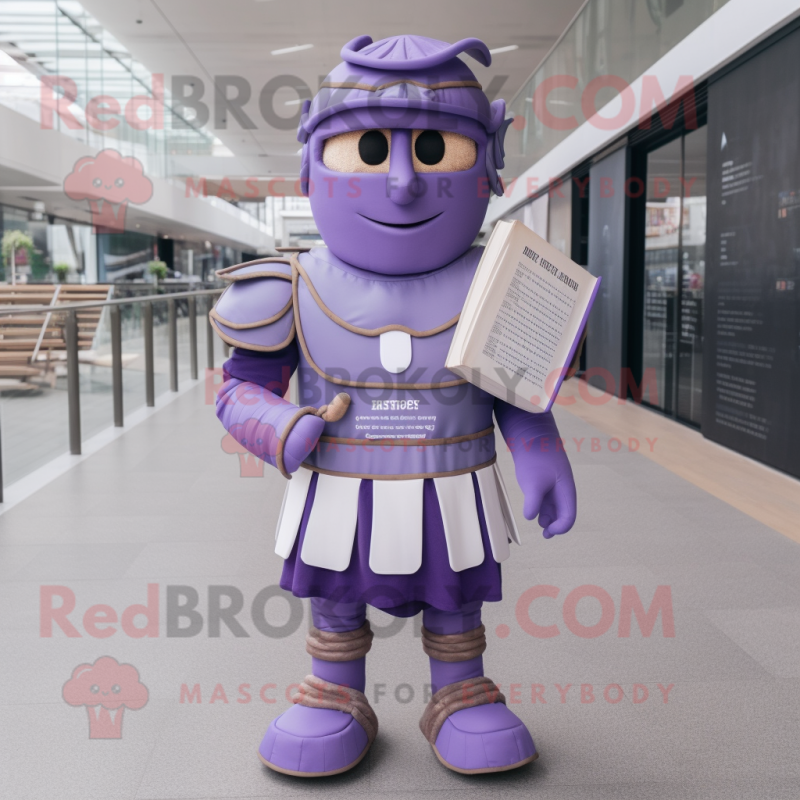 Lavender Roman Soldier mascot costume character dressed with a Romper and Reading glasses Lavender Roman Soldier mascot costume character dressed with a Romper and Reading glasses