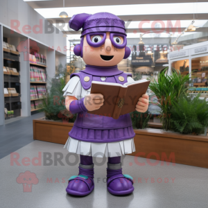 Lavender Roman Soldier mascot costume character dressed with a Romper and Reading glasses