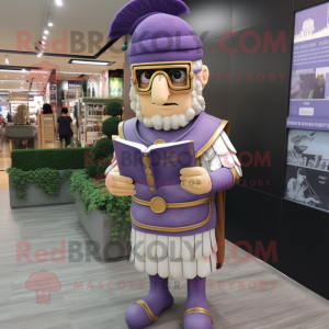 Lavender Roman Soldier mascot costume character dressed with a Romper and Reading glasses