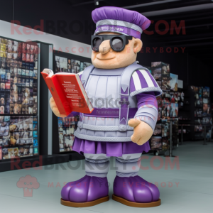 Lavender Roman Soldier mascot costume character dressed with a Romper and Reading glasses