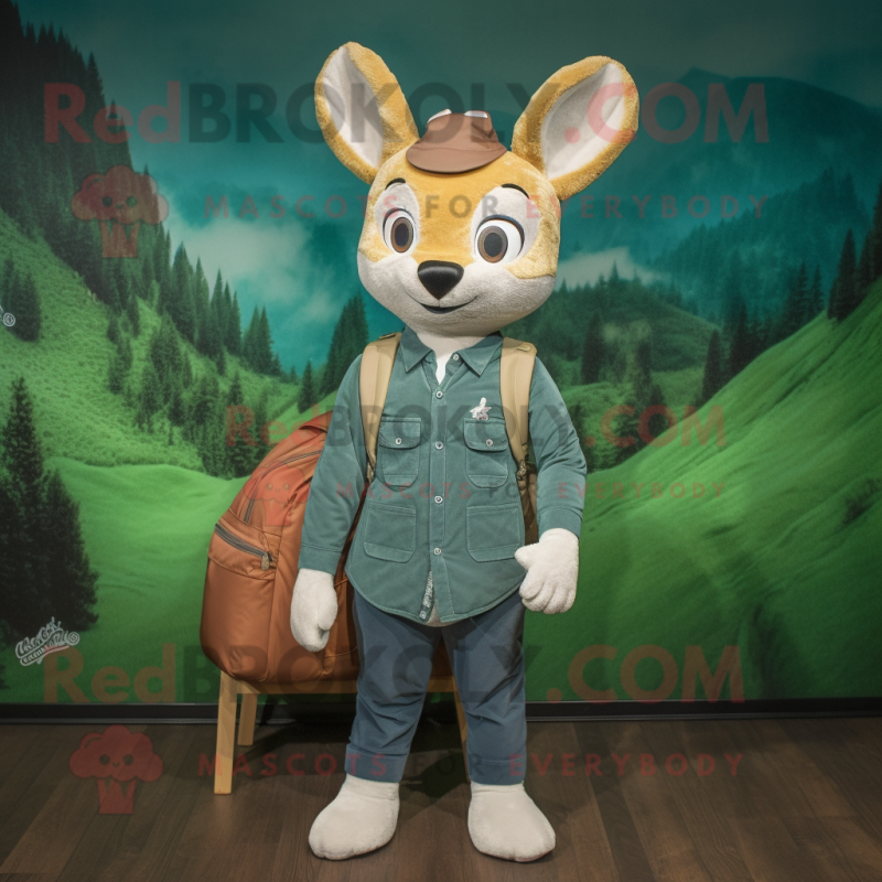 Green Roe Deer mascot costume character dressed with a Chambray Shirt and Backpacks