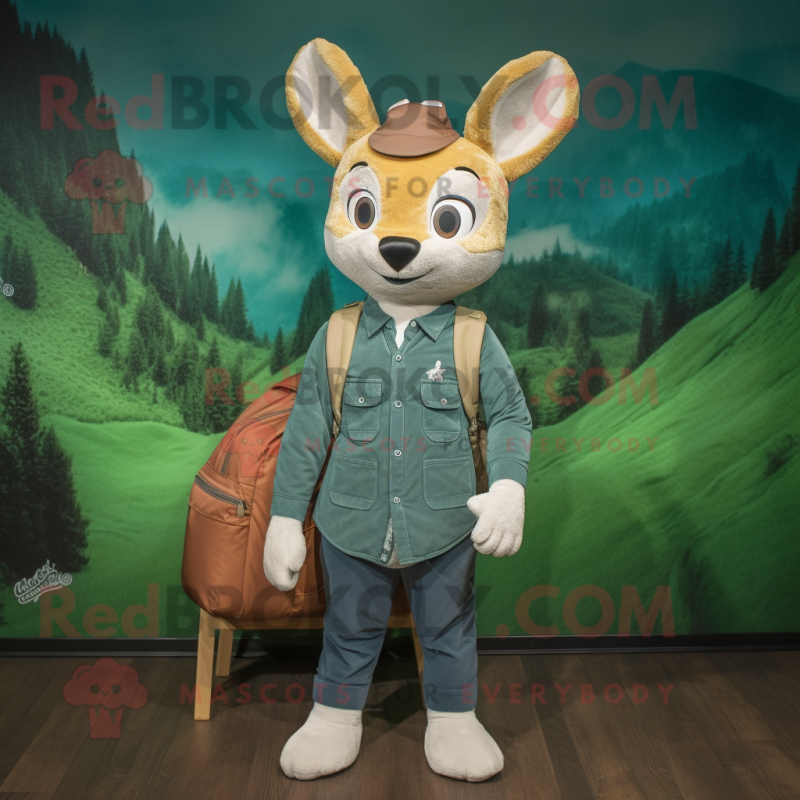 Green Roe Deer mascot costume character dressed with a Chambray Shirt and Backpacks Green Roe Deer mascot costume character dressed with a Chambray Shirt and Backpacks