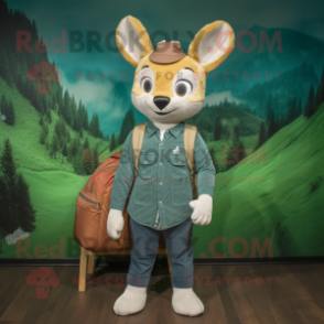 Green Roe Deer mascot costume character dressed with a Chambray Shirt and Backpacks