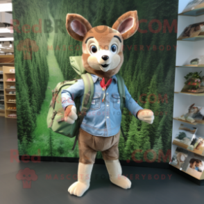 Green Roe Deer mascot costume character dressed with a Chambray Shirt and Backpacks