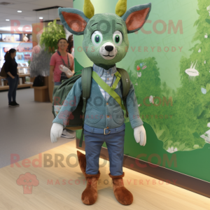 Green Roe Deer mascot costume character dressed with a Chambray Shirt and Backpacks