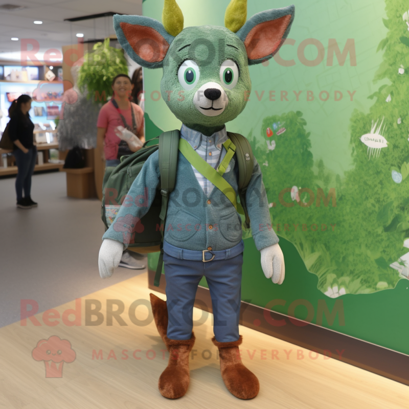 Green Roe Deer mascot costume character dressed with a Chambray Shirt and Backpacks Green Roe Deer mascot costume character dressed with a Chambray Shirt and Backpacks