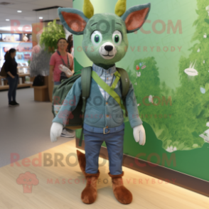 Green Roe Deer mascot costume character dressed with a Chambray Shirt and Backpacks