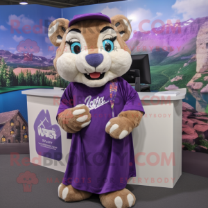 Purple Mountain Lion mascot costume character dressed with a Maxi Skirt and Hair clips