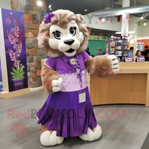 Purple Mountain Lion mascot costume character dressed with a Maxi Skirt and Hair clips