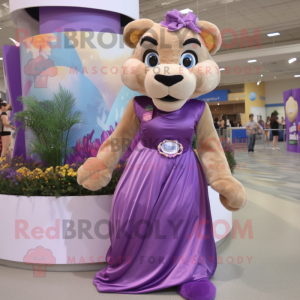 Purple Mountain Lion mascot costume character dressed with a Maxi Skirt and Hair clips