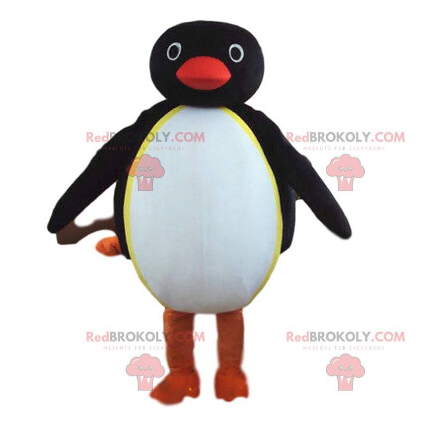 Mascotte de pingouin noir et blanc, dodu et rigolo -