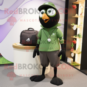 Olive Blackbird mascot costume character dressed with a Capri Pants and Coin purses